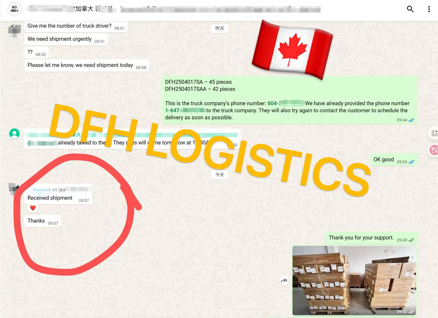 87 pieces delivered — trucking arranged and confirmed