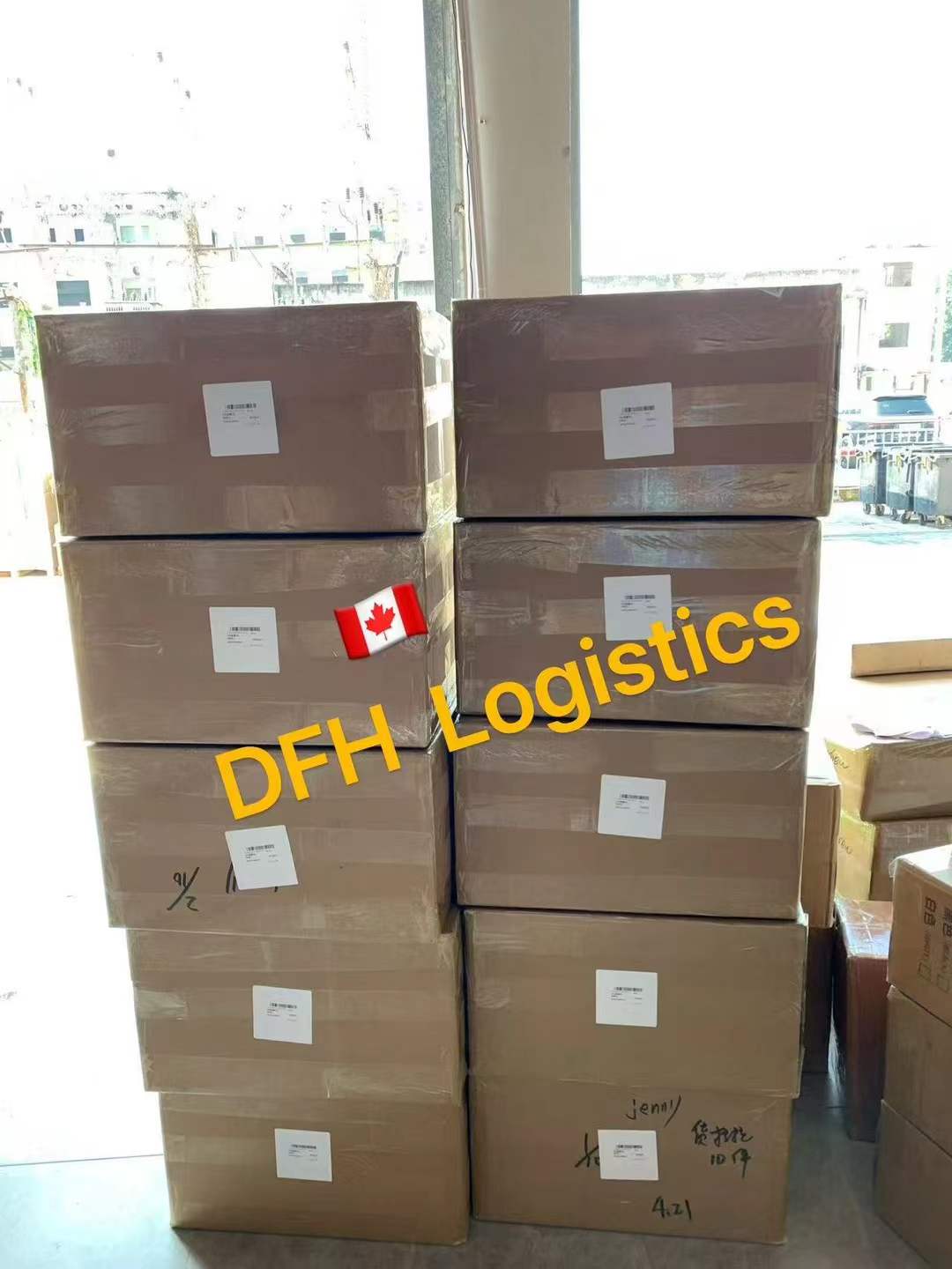 Cartons staged and labelled before the Canada sailing